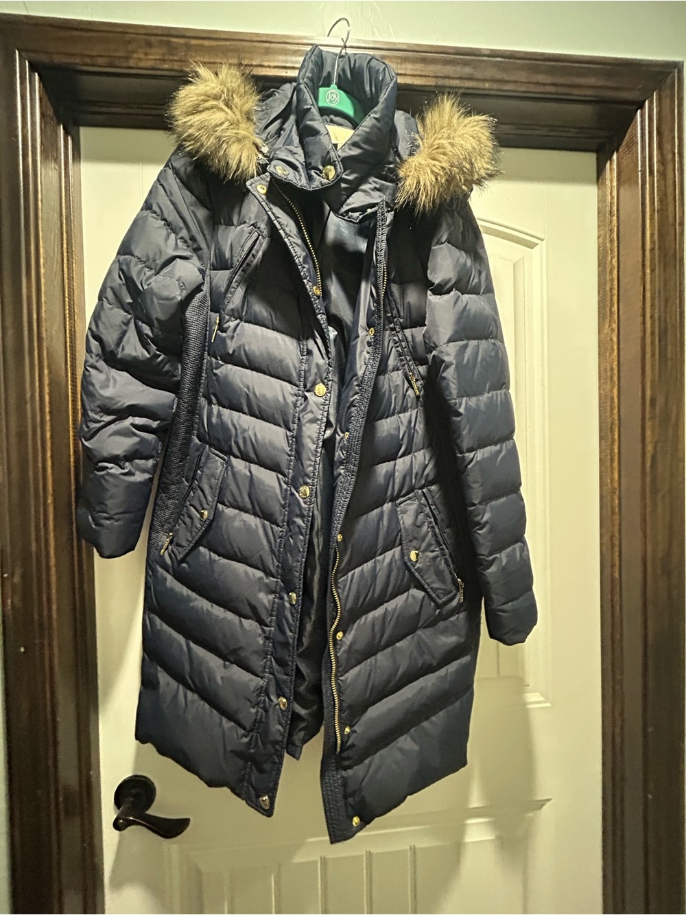 Michael Kors Navy Long Puffer Coat with Faux Fur Trim